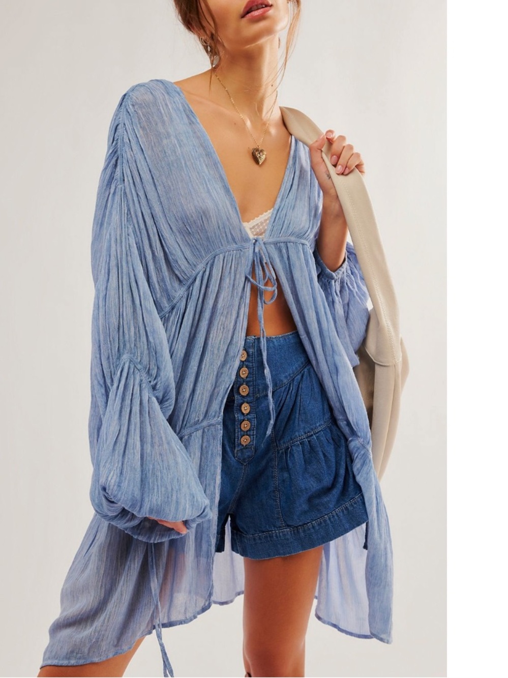 FREE PEOPLE JULIET RUCHED DUSTER OS DENIM  BLUE